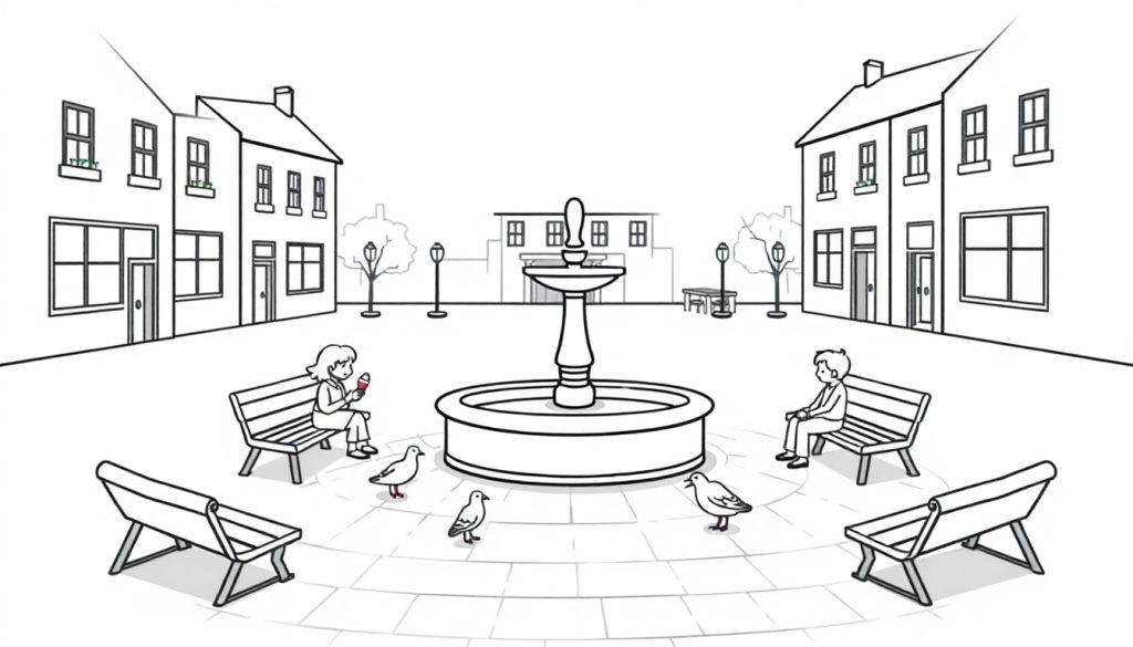 Ein Schwarz-Weiß-Bild eines Stadtplatzes mit einem Brunnen, Bänken, Menschen und Tauben.