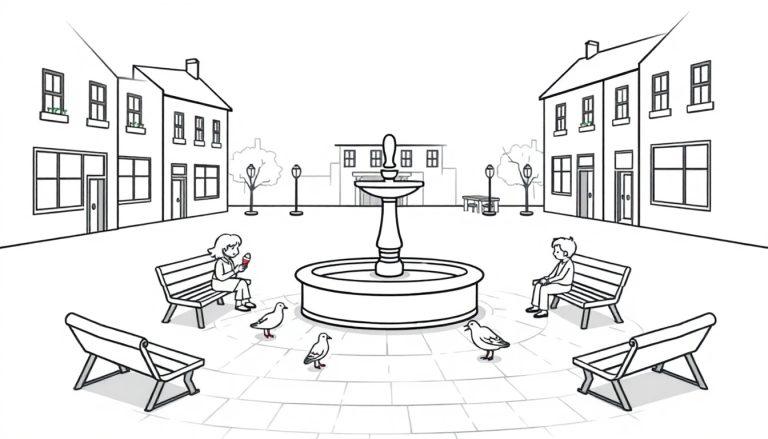Ein Schwarz-Weiß-Bild eines Stadtplatzes mit einem Brunnen, Bänken, Menschen und Tauben.