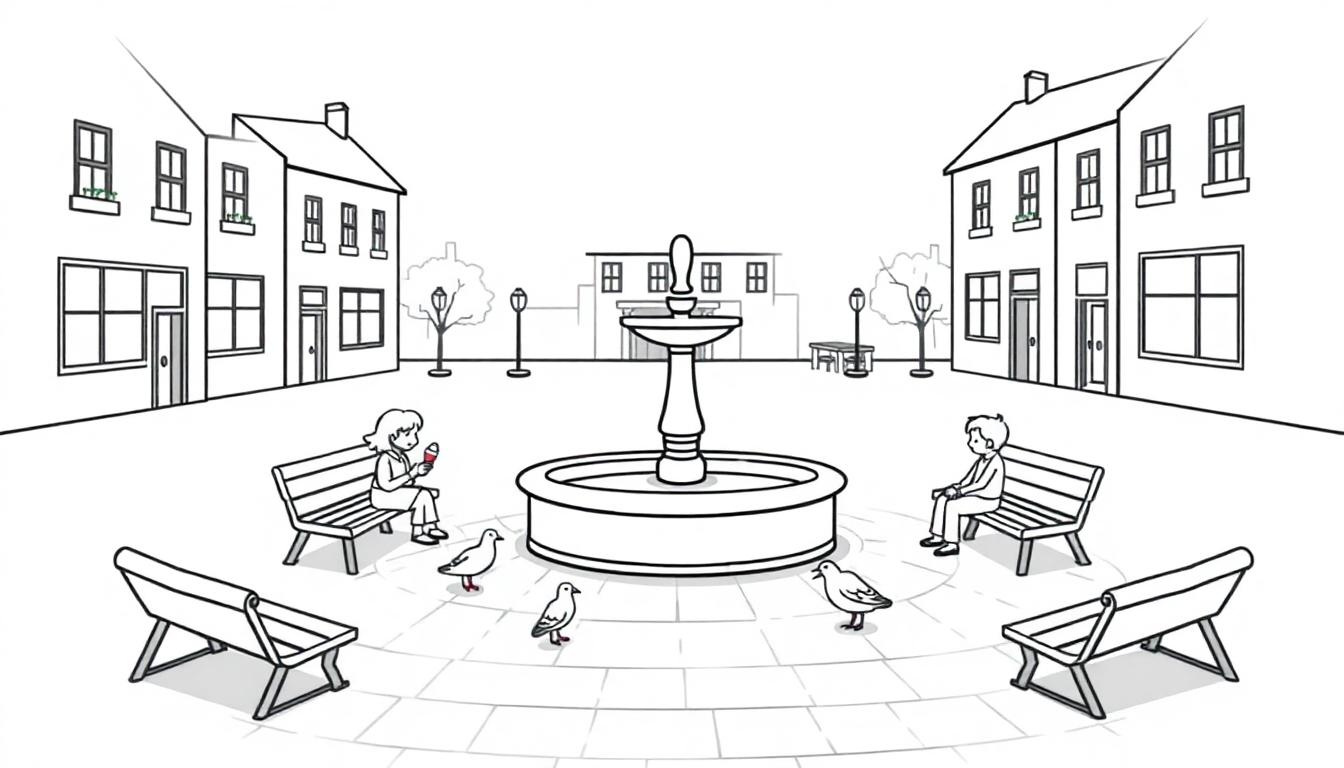 Ein Schwarz-Weiß-Bild eines Stadtplatzes mit einem Brunnen, Bänken, Menschen und Tauben.