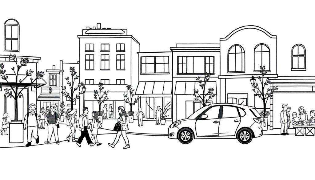Eine geschäftige Stadtstraße mit Menschen, Autos und Gebäuden.