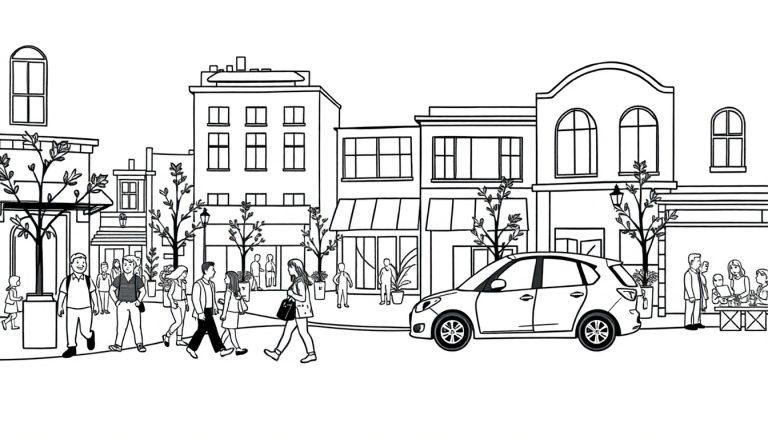 Eine geschäftige Stadtstraße mit Menschen, Autos und Gebäuden.