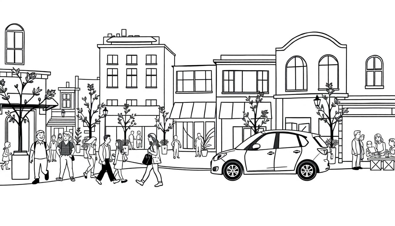Eine geschäftige Stadtstraße mit Menschen, Autos und Gebäuden.