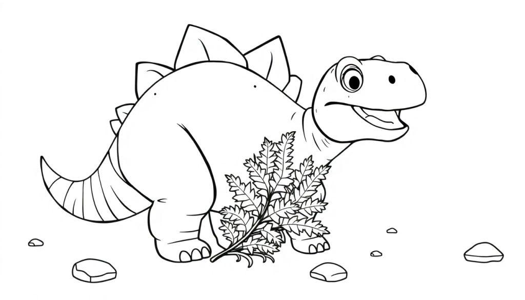 Eine Schwarz-Weiß-Farbtafel eines niedlichen, cartoonartigen Stegosaurus, der frisst.