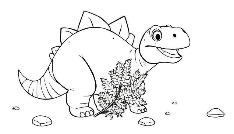 Eine Schwarz-Weiß-Farbtafel eines niedlichen, cartoonartigen Stegosaurus, der frisst.