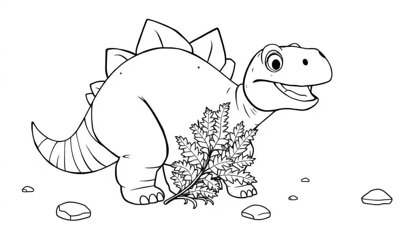 Eine Schwarz-Weiß-Farbtafel eines niedlichen, cartoonartigen Stegosaurus, der frisst.