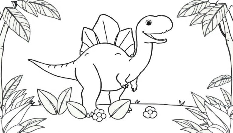 Eine einfache Schwarz-Weiß-Zeichnung eines freundlichen Stegosaurus mit Rückenplatten, umgeben von Palmen und üppiger Vegetation. Ideal für eine Farbtafel.