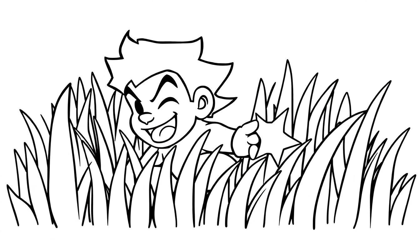 Schwarz-Weiß-Farbtafel eines lächelnden Kindes mit stacheligem Haar, das im hohen Gras steht und einen Stern hält.