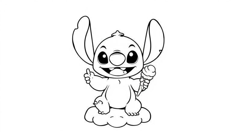 Schwarz-weiß Farbtafel von Stitch auf einer Wolke mit einem Eis und Daumen hoch.