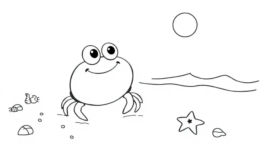 Niedlicher Cartoon-Krebs mit Farbtafel am Strand.