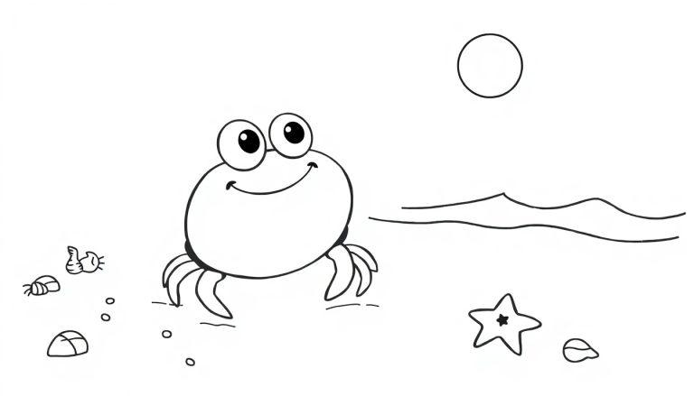 Niedlicher Cartoon-Krebs mit Farbtafel am Strand.