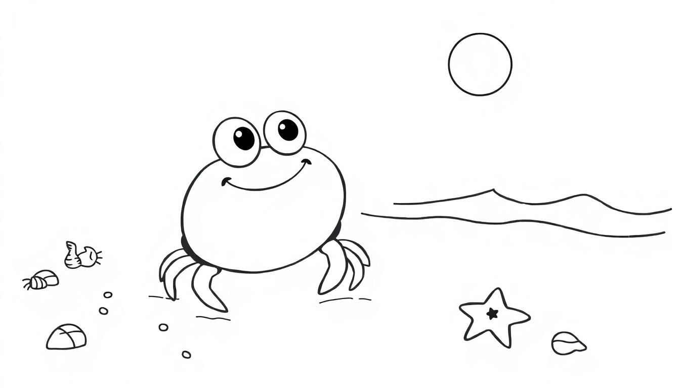 Niedlicher Cartoon-Krebs mit Farbtafel am Strand.