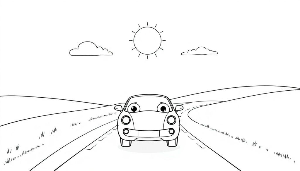 Schwarz-weiße Farbtafel eines freundlichen Cartoon-Lamborghinis, der durch eine sonnige Hügellandschaft fährt.