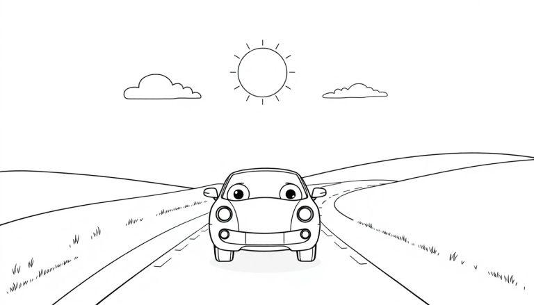 Schwarz-weiße Farbtafel eines freundlichen Cartoon-Lamborghinis, der durch eine sonnige Hügellandschaft fährt.