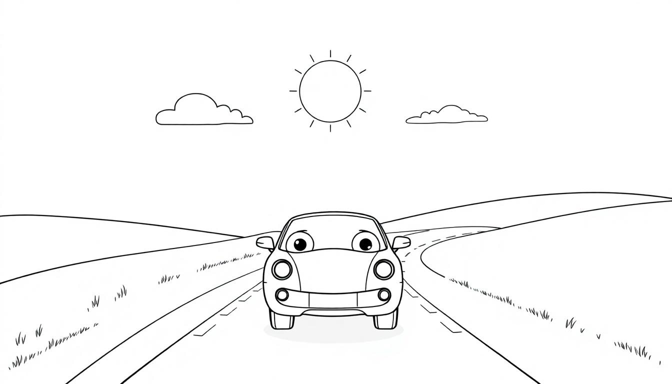 Schwarz-weiße Farbtafel eines freundlichen Cartoon-Lamborghinis, der durch eine sonnige Hügellandschaft fährt.
