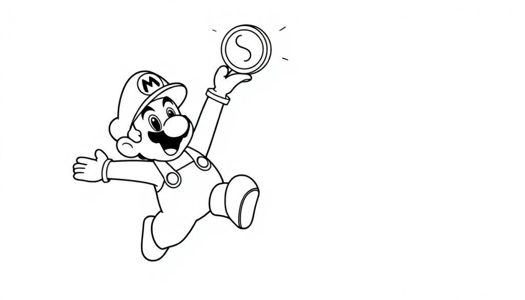 Malvorlage mit Mario, der mit einem breiten Lächeln auf einer Münze mit einem großen 'S' darauf hochspringt. Die Farbtafel ist schwarz-weiß und im Cartoon-Stil.