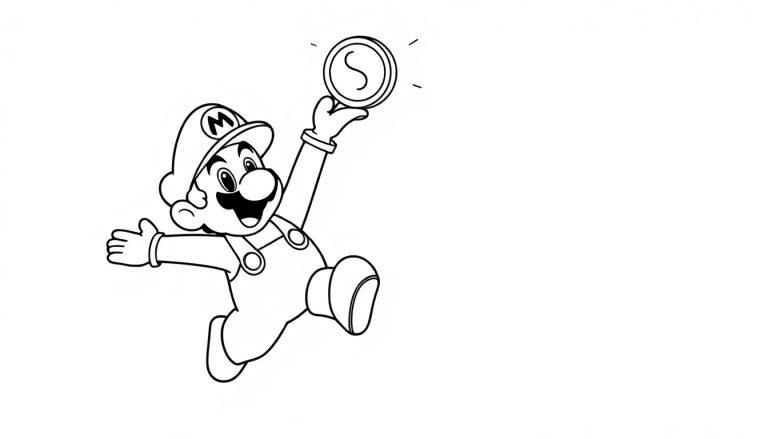 Malvorlage mit Mario, der mit einem breiten Lächeln auf einer Münze mit einem großen 'S' darauf hochspringt. Die Farbtafel ist schwarz-weiß und im Cartoon-Stil.