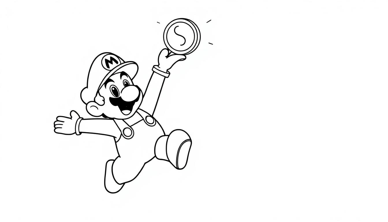 Malvorlage mit Mario, der mit einem breiten Lächeln auf einer Münze mit einem großen 'S' darauf hochspringt. Die Farbtafel ist schwarz-weiß und im Cartoon-Stil.