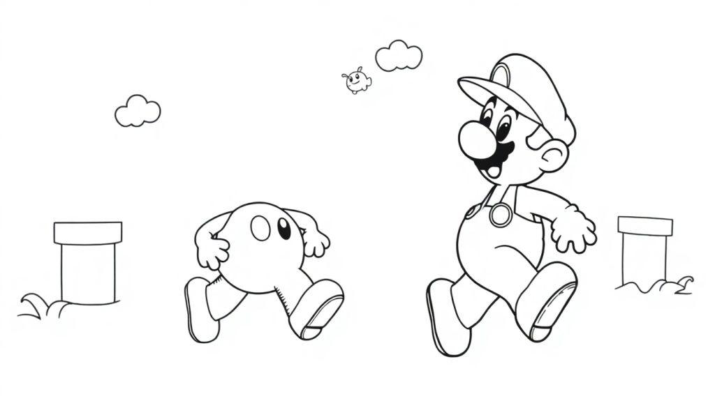 Schwarz-weiß Farbtafel von Mario und Kirby, die nebeneinander herlaufen, mit einem fliegenden Käfer und grünen Röhren im Hintergrund.