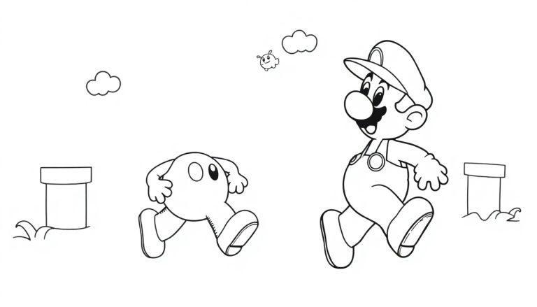 Schwarz-weiß Farbtafel von Mario und Kirby, die nebeneinander herlaufen, mit einem fliegenden Käfer und grünen Röhren im Hintergrund.