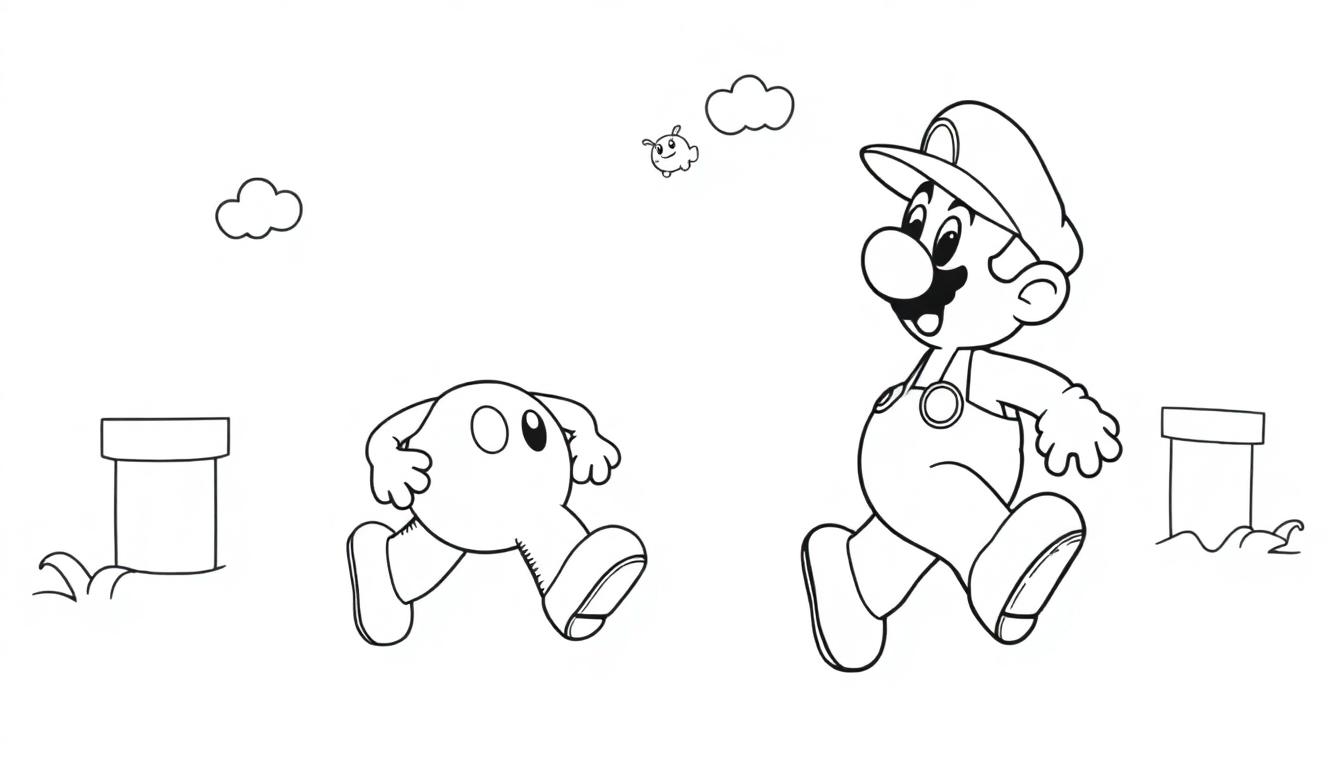 Schwarz-weiß Farbtafel von Mario und Kirby, die nebeneinander herlaufen, mit einem fliegenden Käfer und grünen Röhren im Hintergrund.