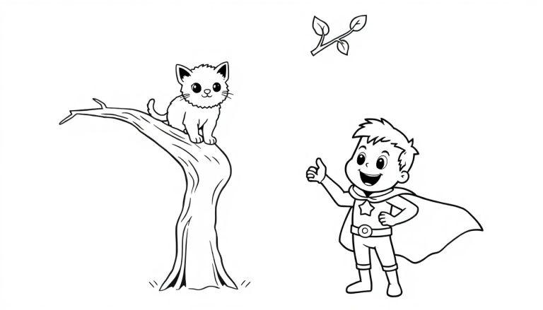 Schwarz-Weiß-Farbtafel: Ein kleiner Junge mit Umhang und Daumen hoch winkt einer Katze auf einem Baum zu.