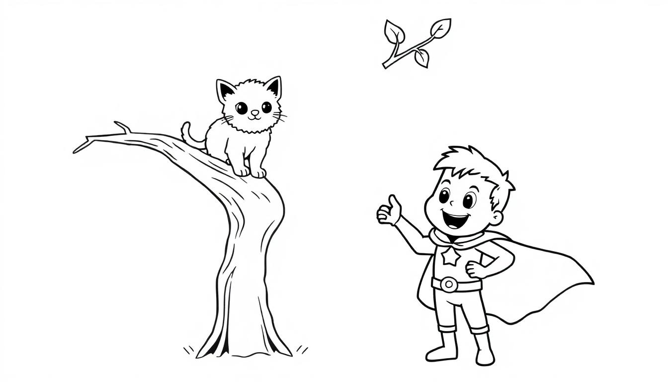 Schwarz-Weiß-Farbtafel: Ein kleiner Junge mit Umhang und Daumen hoch winkt einer Katze auf einem Baum zu.