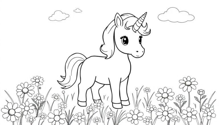 Farbtafel: Ein entzückendes Cartoon-Einhorn in einer Blumenwiese.