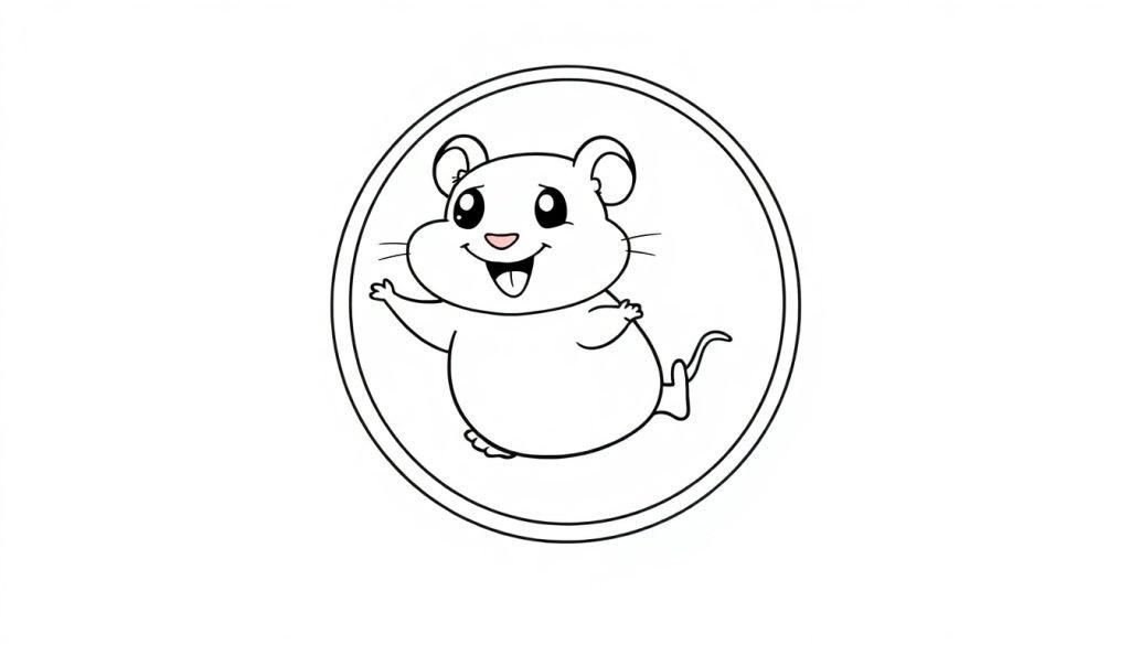 Eine Schwarz-Weiß-Farbtafel eines lächelnden Hamsters in einem Kreis, der winkt.