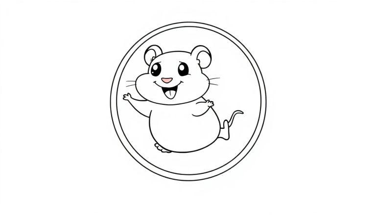 Eine Schwarz-Weiß-Farbtafel eines lächelnden Hamsters in einem Kreis, der winkt.