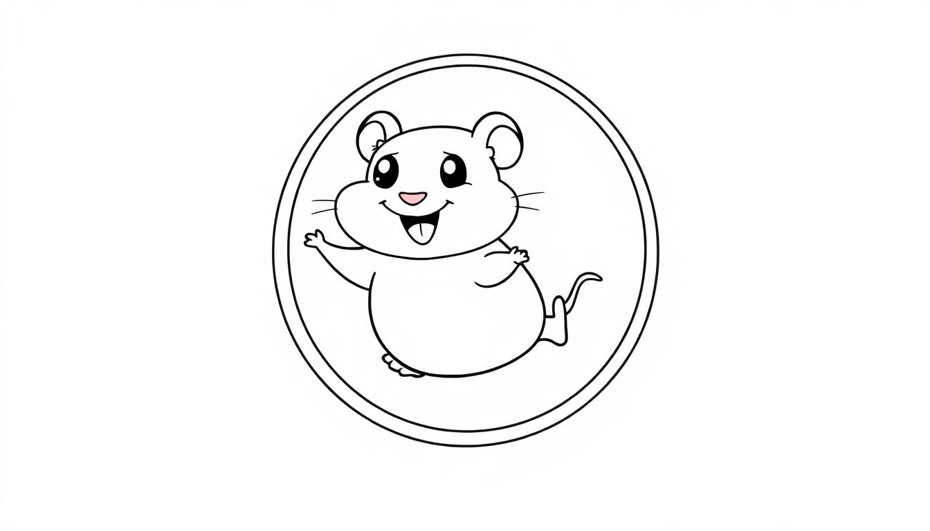 Eine Schwarz-Weiß-Farbtafel eines lächelnden Hamsters in einem Kreis, der winkt.