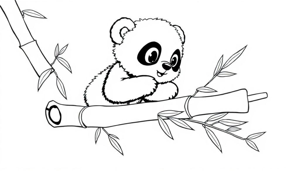 Ein süßer Cartoon-Panda sitzt auf einem Bambusast, bereit zum Ausmalen als Farbtafel.