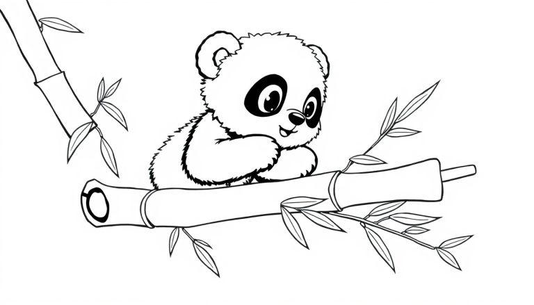 Ein süßer Cartoon-Panda sitzt auf einem Bambusast, bereit zum Ausmalen als Farbtafel.
