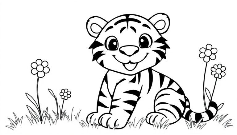Eine Schwarz-Weiß-Farbtafel eines niedlichen Cartoon-Tigerjungen mit breitem Lächeln in einer Blumenwiese.