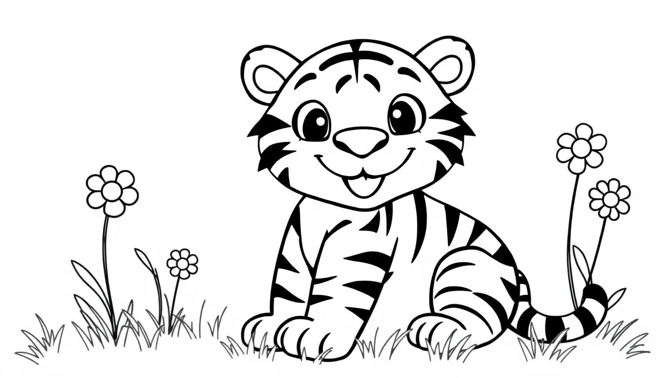 Eine Schwarz-Weiß-Farbtafel eines niedlichen Cartoon-Tigerjungen mit breitem Lächeln in einer Blumenwiese.