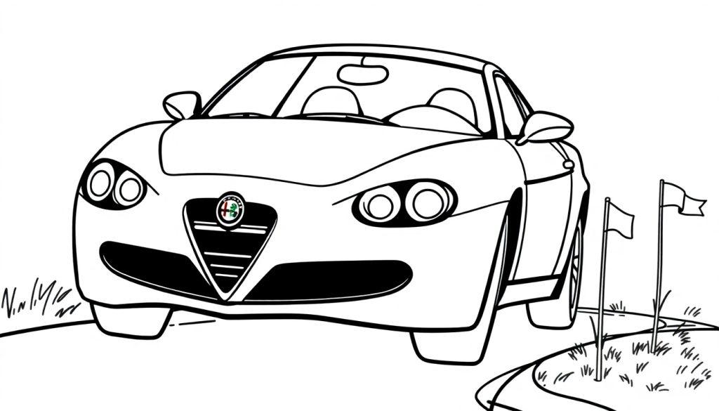 Eine schwarz-weiße Farbtafel eines süßen Alfa Romeo Sportwagens mit offenem Dach, bereit zum Ausmalen für Kinder.
