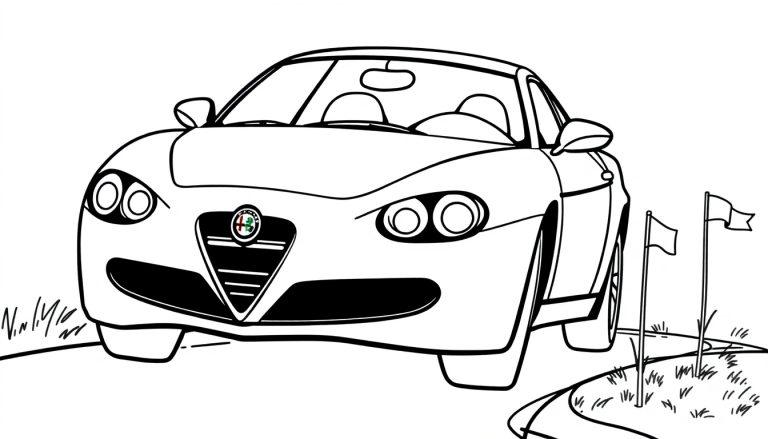 Eine schwarz-weiße Farbtafel eines süßen Alfa Romeo Sportwagens mit offenem Dach, bereit zum Ausmalen für Kinder.