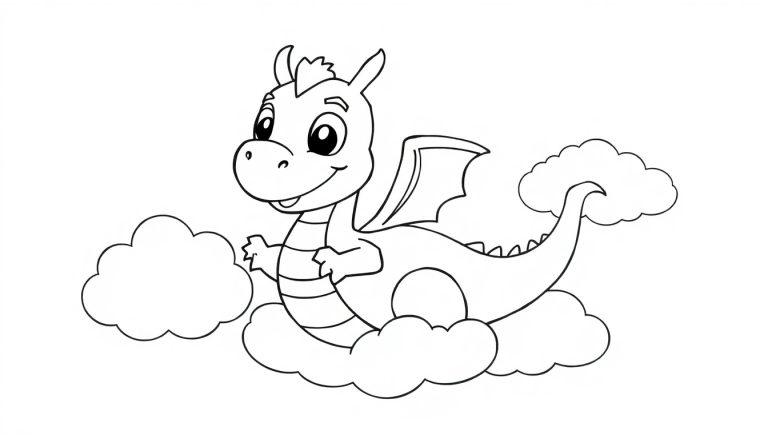 Ein niedlicher Cartoon-Drache sitzt auf Wolken, bereit zum Ausmalen als Farbtafel.