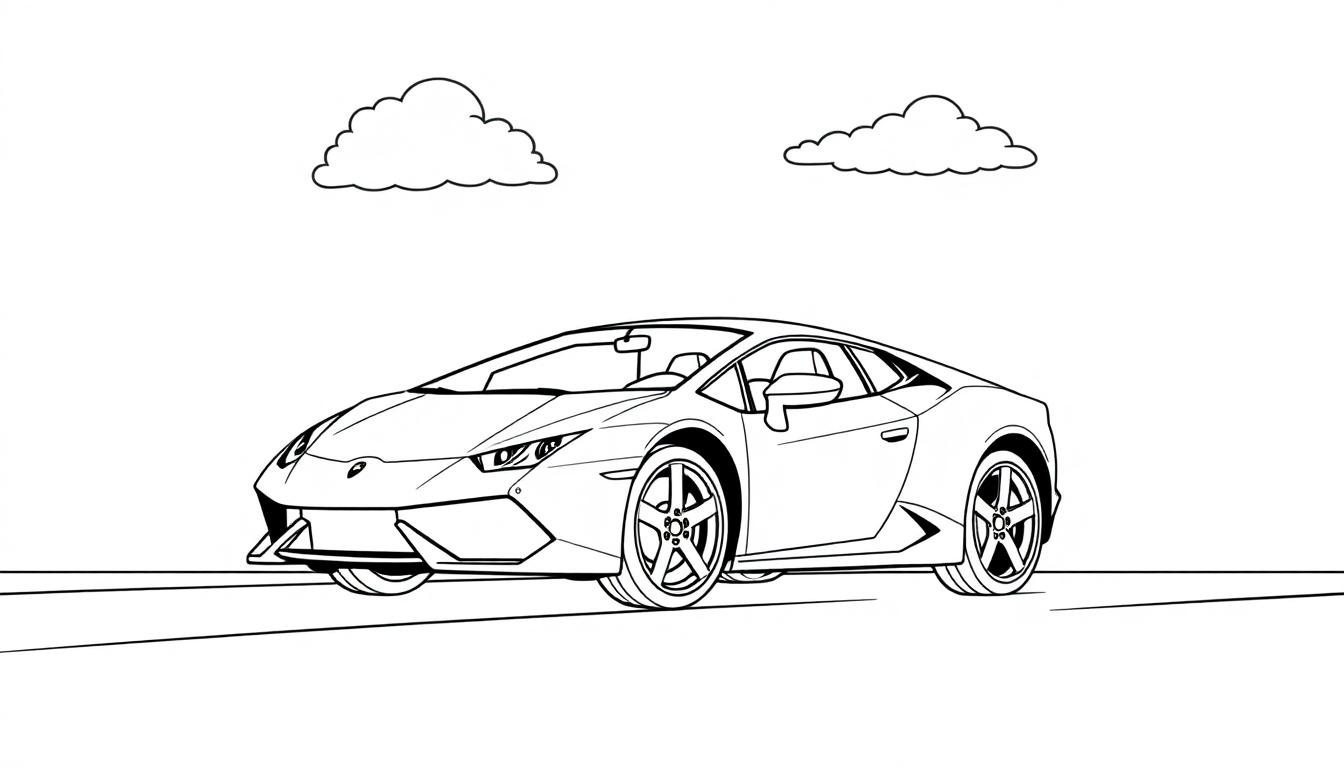 Schwarz-weiße Strichzeichnung eines süßen Lamborghini Huracán für eine Farbtafel, bereit zum Ausmalen.