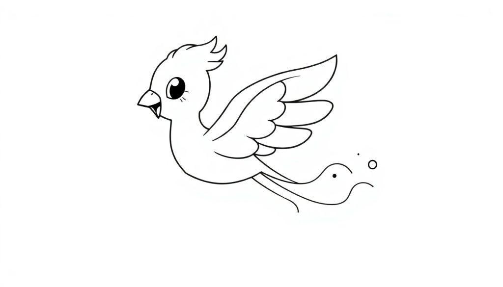 Schwarz-Weiß-Farbtafel-Cartoon-Vogel im Flug mit niedlichen Federn.