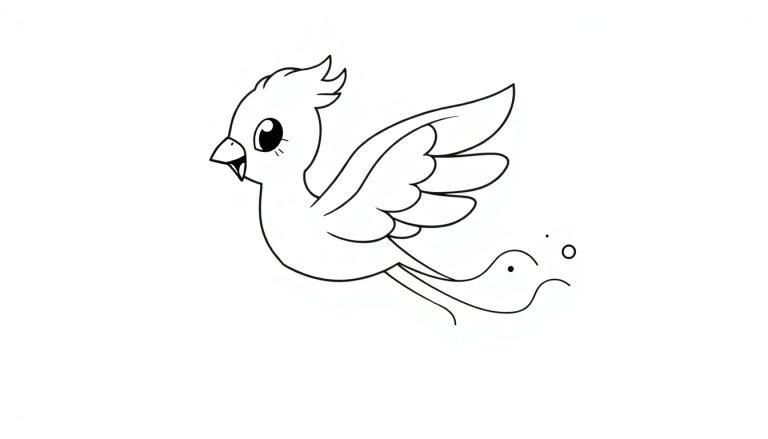 Schwarz-Weiß-Farbtafel-Cartoon-Vogel im Flug mit niedlichen Federn.