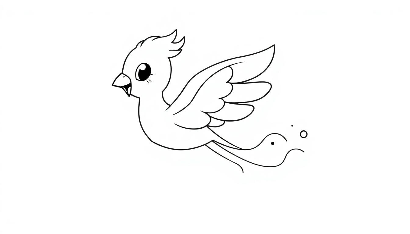 Schwarz-Weiß-Farbtafel-Cartoon-Vogel im Flug mit niedlichen Federn.