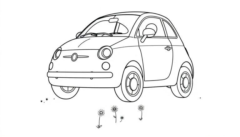 Schwarz-weiße Farbtafel eines süßen Autos mit Blumen.
