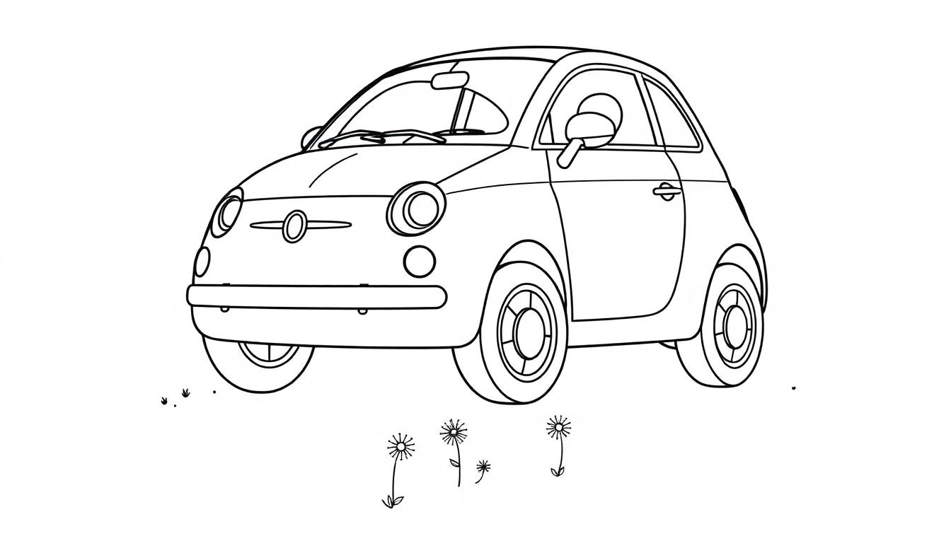Schwarz-weiße Farbtafel eines süßen Autos mit Blumen.