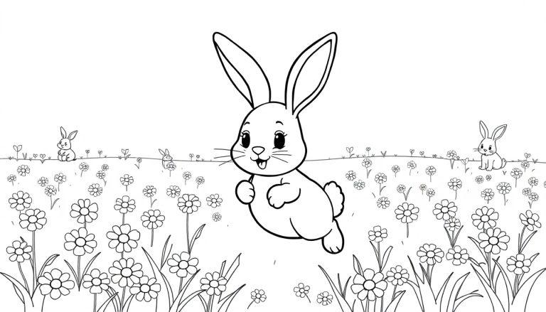 Schwarz-Weiß-Illustration eines Häschens mit langen Ohren in einer Blumenwiese, perfekt für eine Farbtafel.
