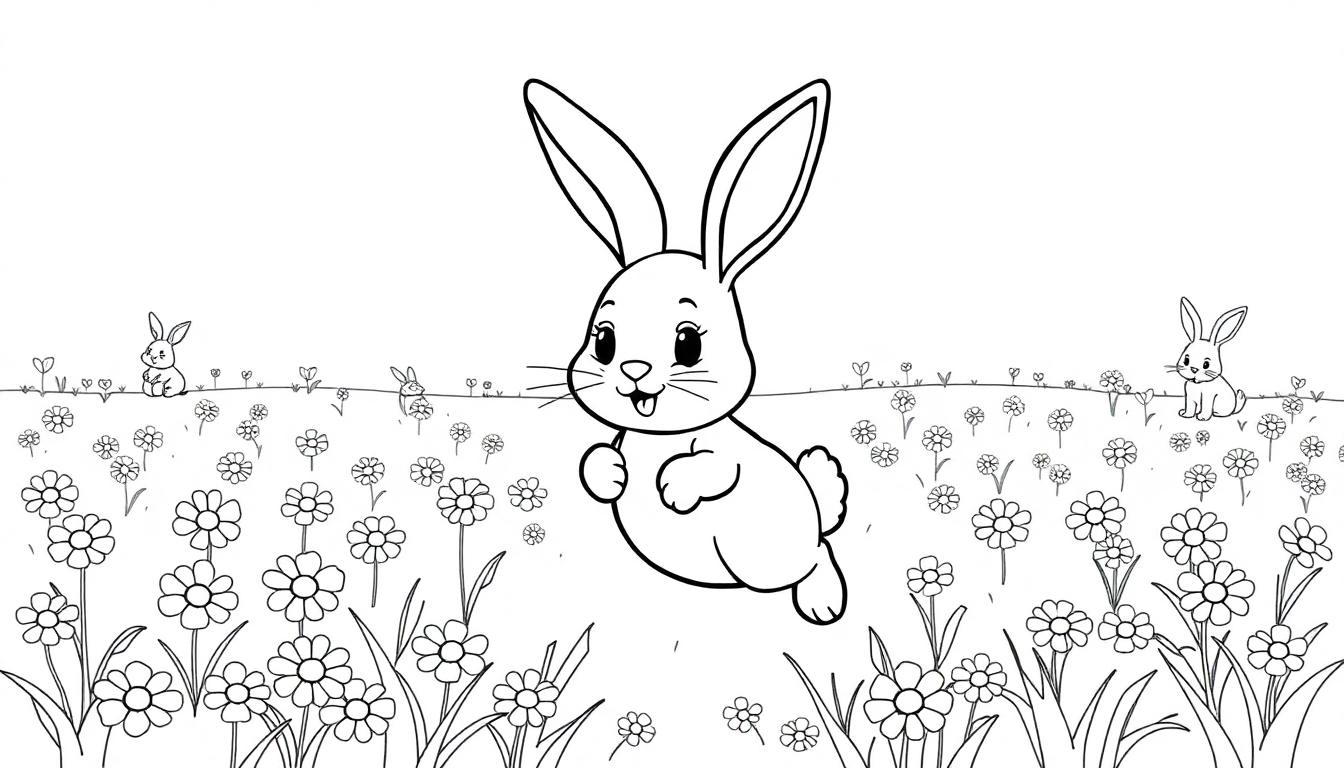 Schwarz-Weiß-Illustration eines Häschens mit langen Ohren in einer Blumenwiese, perfekt für eine Farbtafel.