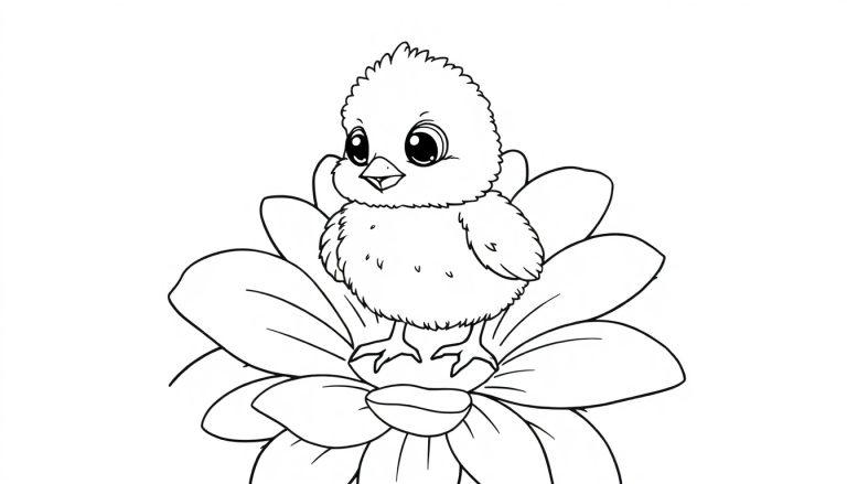 Eine schwarz-weiße Farbtafel eines niedlichen Küken mit großen Augen, das auf einer Blume sitzt.