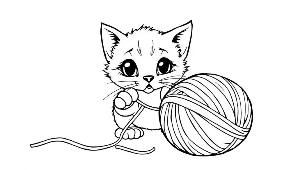 Eine niedliche schwarz-weiße Strichzeichnung einer Katze, die mit einem Wollknäuel spielt, als Malvorlage-Farbtafel.
