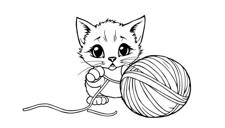 Eine niedliche schwarz-weiße Strichzeichnung einer Katze, die mit einem Wollknäuel spielt, als Malvorlage-Farbtafel.