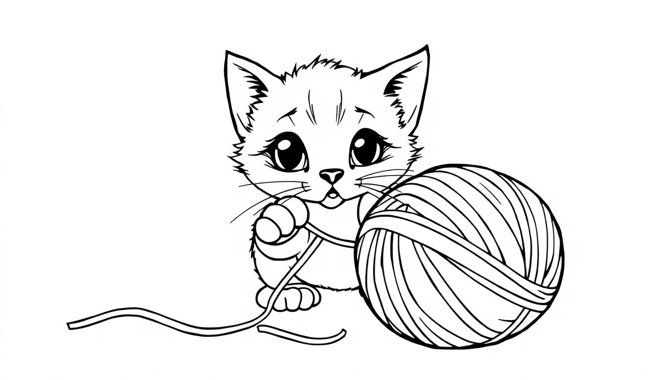 Eine niedliche schwarz-weiße Strichzeichnung einer Katze, die mit einem Wollknäuel spielt, als Malvorlage-Farbtafel.