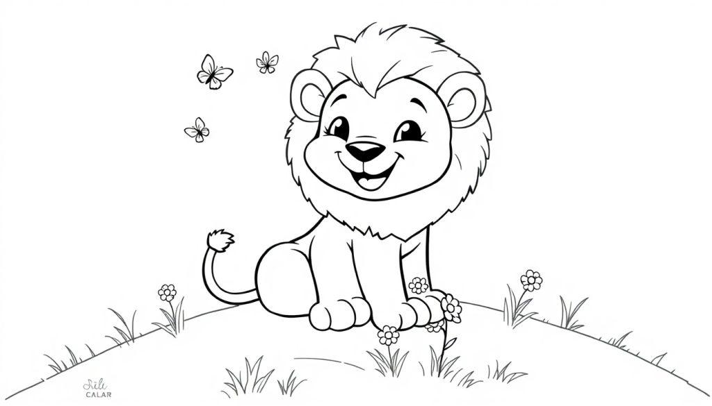 Eine Schwarzweiß-Farbtafel eines freundlichen Cartoon-Löwenbabys mit einer großen Mähne, das auf einem Hügel mit Blumen sitzt.